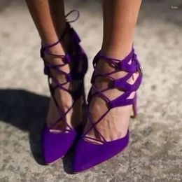 Dress Shoes Purple Suede Lace-up High Heel Cross Strap Pointed Toe T Party Cut-out Gladiator Banquet Pumps