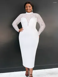 Casual Dresses Plus Size 4XL White Bodycon Lace Dress Women High Neck See Through Midi Robes Deep V Long Sleeve Elegant Party Evening