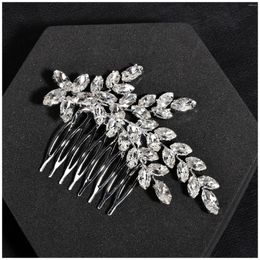 Hair Clips Bride Wedding Combs Glitter Rhinestone Leaf Hairpins Side Silver Color Alloy Headpieces Women Party Jewelry