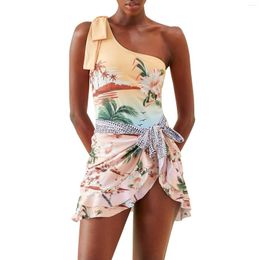 Women's Swimwear One Shoulder Bow Tie Swimsuit Plus Smock Skirt Two Set American Board Shorts For Women