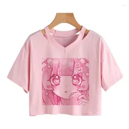 Women's T Shirts Women Fashion Cute Clothes Kawaii Print Tee Punk Short Sleeve T-Shirt Casual Loose Pink Anime Graphic V-neck Crop Top