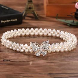 Waist Chain Belts Elegant Butterfly Buckle Belt with Faux Pearls and Rhinestones - Elastic Waistband for Dresses and GirdlesL240416