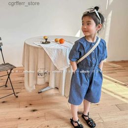 Rompers Kids Overalls Jeans Korean Childrens Denim Jumpsuit 2023 New Fashion Baby Girls Summer Short Sleeve Romper Bodysuits Clothing L410