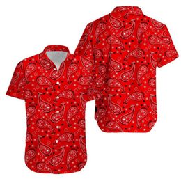 Men's Casual Shirts New Mens Red Paisley Print Hip Hop Beach Summer Tops Cuban Style Plus Size Fat Button Up 24416