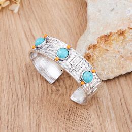 Bangle Bohemia Open Turquoise Bracelet For Woman Retro Silver Color Cactus Pattern Ladies Accessories Jewelry