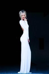 Gorgerous Sexy Backless Evening Dresses Crew Long Sleeve Sheath Maxi Floor Length White Party prom Dress Formal Gowns 20153553657