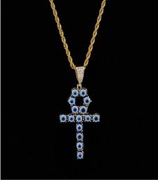 Blue Colour Egyptian Ankh Key of Life Necklace 18K Gold Plated Copper Pendant Cubic Zirconia Hip Hop Jewelry1544897