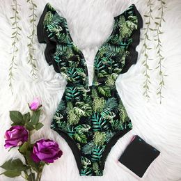 2024 Arrival Ruffle Swimwear VNeck Shoulder Swimsuit Women Floral Printed Tropical Summer Beach Bathing Suit 240409