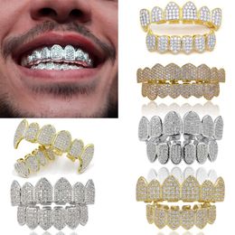 18K Real Gold Punk Hiphop Dental Mouth Grillz Braces Bling Cubic Zircon Rock Vampire Teeth Fang Grills Braces Tooth Cap Rapper Jew188z