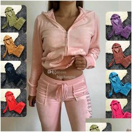 Womens Two Piece Pants Juicy Apple Tracksuits 2023 Summer Brand Sewing 2 Sets Veet Velour Women Track Suit Hoodies And Met Advanced De Otmt7