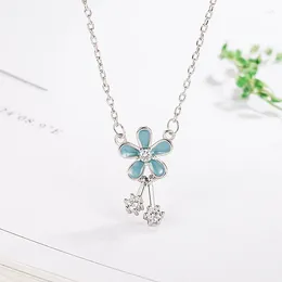 Pendant Necklaces Blue Flower Zircon Necklace For Women White Gold Color Thick Plated Sweater Chain Fashion Jewelry Female