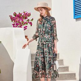 Casual Dresses Retro Green Chiffon Silk Floral Maxi Dress Women 2024 Summer Long Work Beach Office Sexy Party Luxury Plus Size