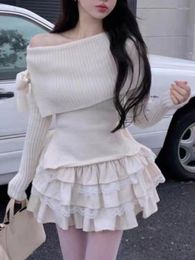 Work Dresses 2024 Kawaii Spring Sweet Knitted 2 Piece Set Woman Off Shoulder Tops Mini Cake Skirt Female Bow Korean Fashion Casual Suit