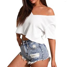 Women's T Shirts Fashion Summer Solid Colour Short Sleeve V Neck Loose Casual Top Cropped Offers Youthful 2024