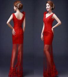 Red Chinese Wedding Dresses Sheath Column Deep V Neck Sleeveless Lace Appliques Laceup Back Sheer Skirt Bridal Gowns with Handmad1555270