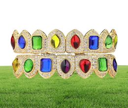 Colorful Shiny Teeth 18K Gold Plated Macro Pave Cz Iced Out Sets Top And Bottom Hip Hop Grillzs Style Pb29Q Grillz Dental Grills O7187965