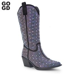 GOGD Rhinestone Fashion Womens Western Mid-Calf Boots Cowboy Cowgirl Shiny Pointed Toe Zipper Sexy High Heels Luxury 240408