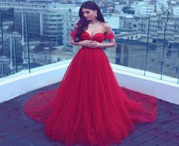 Arabic Style Pearls Red Prom Dresses Long Sweetheart Tulle Long Train Beading Formal Party Dress Pageant Gowns Plus Size4580570
