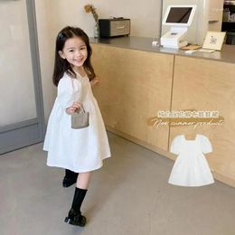 Girl Dresses Baby Girls' Summer Dress Middle And Big Children's Korean Edition Square Neck White Long Short Sleeves