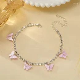 Fußkettchen Boho Pink Butterfly Silber verlegt glänzend Fußler