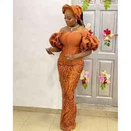 Aso Ebi Arabic Off Shoulder Mermaid Prom Dresses Orange Lace Long Sleeves Plus Size Formal Party Second Reception Evening Dress