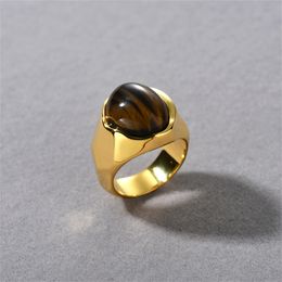 Fashion Vintage Inlaid Natural Tiger Eye Stone Ring For Women French Niche Light Luxury Design High-End Charm Trendy Jewelry