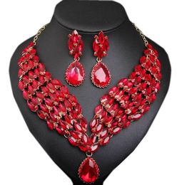 Earrings Necklace Red Crystal Jewellery Set Statement Rhinestone Pendant Sets Nigerian African Choker Women Bridal Wedding Party3953046