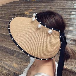 bucket hat Fashion Women Beach Straw Hat Summer Foldable Sun Protection Caps Pearl Bandage Solid Color Cap Vacation Casual Visors Hats