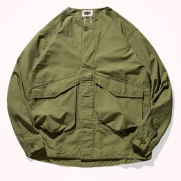 Collar-free mens fashion youth Japanese retro frock shirt jacket made of old washed pocket frock jacket 240403