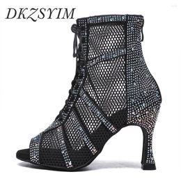 Dance Shoes DKZSYIM Women Latin With Rhinestone Salsa Dancing Boots Black Shiny Ballroom For Girls Ladies