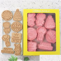 Baking Moulds Mods 8Pcs Happy Birthday Cookie Cutter Plastic 3D Stamp Moulds Type Party Biscuit Pastry Bakeware Accessories Drop Deli Dh4Ne