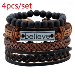 Bangle 4 PCS/Set Hand Woven Leather Bracelet Wooden Bead Set Letter Believe Vintage Accessories Gift