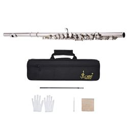 Western Concert Flute Silver Plated 16 Holes C Key Cupronickel Woodwind Instrument with Cleaning Cloth Stick Gloves Screwdriver6707855