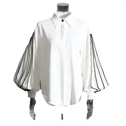 Women's Blouses Frech Court Style Log Sleeved Shirt 2024 Autum Ew Fashioable LapeL Pleated Cotrastig Color Loose Persoality Top For