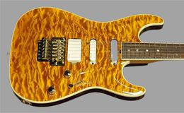 Pensa Mark Knopfler MK-I Amber Quilted Maple Top Electric Guitar White Pickups, Floyd Rose Tremolo bridge & locking nut, Gold Hardware