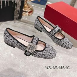 Casual Shoes Summer White Black Plaid Cloth Crystal Buckle Mary Jane Leather Square Toe Women All-match Flat