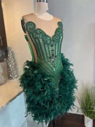 Green Sheer O Neck Short Prom Dress For Black Girls Beaded Birthday Party Dresses Feather Mermaid Mini Tail Homecoming Robe Es Es