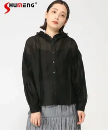 Women's Blouses Japanese Style Loose Pure Color Hooded Sunscreen Shirt Female 2024 Summer Elegant Sweet Long Sleeve Black For Women