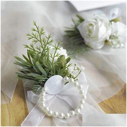 Decorative Flowers Wreaths Ivory Rose Wrist Cor Wristlet Band Bracelet And Men Boutonniere Set For White Accessories Prom Suit Drop De Otzix