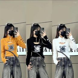 Women's T Shirts Sexy Crop Tops Ropa Mujer Half Zipper Hollow Out For Women Casual Letter Print Chic Rivet Irregular Hem Y2k Tees