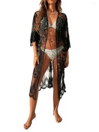 Women Lace Cardigan Bikini Cover-Ups Floral Crochet Sheer Beach Long Open Front Kimono Swimwear Sunscreen Clothes