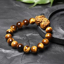 Strand 10mm 12mm Original Natural Beads Tiger Eye Bracelet Fengshui Pixiu Good Luck Wealth Health Bangle Men Women Jewellery Gift