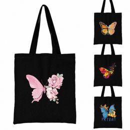 new Female Bag Shop Bag Shoulder Bag Foldable Reusable Casual Butterfly Print Pattern Black Canvas Student Portable Handbag E104#