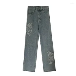 Women's Jeans Vintage Women Blue Denim Pants Frayed Butterfly Pattern HIgh Waist Straight Female Versatile Casual Outfits Trouser