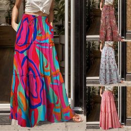 Skirts Beach Bohemian Skirt For Women Maxi Retro Floral Printed Floor Length Drawstring Elastic Waist Pockets Tiered Long