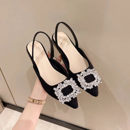 Beige Heeled Sandals Clear Shoes Womens Black Rhinestone Medium Pointed Closed Spring Gladiator Block Girls 240402