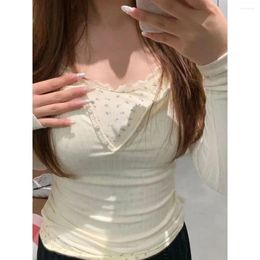 Women's T Shirts Long Sleeve Tank Top Vintage Lace Splicing Y2k Women Solid Colour Floral Crop Lady