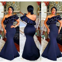 Nigeria Mermaid One Shoulder Prom Gowns Navy Blue African Style Top Ruffles Plus Size evening dresses floor length Formal Party Long