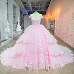 Hire Lnyer Pearls Flowers Appliques Super Gorgeous 2 Pieces Pink Ball Gown Wedding Dresses With Detachable Tiered Skirts