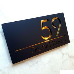 Garden Decorations Personalised Laser Cut House Signs Matt Black Gold Mirror Door Number Address Plaques Numbers 230812 Drop Delivery Dh09L